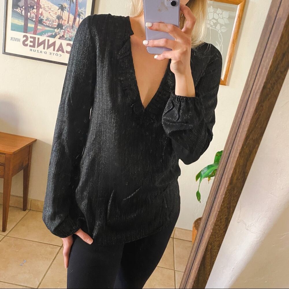 NWT‎ L’AGENCE Black Silver Metallic Stripe Ruffle Front Long Sleeve Top Small